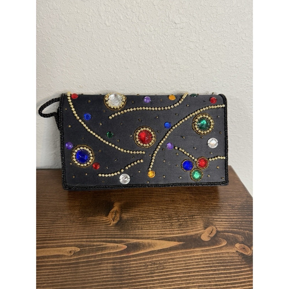 Vintage Satin Beaded Evening Purse Handbag Multicolor Stones